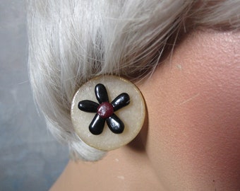 Flower Earrings Round Post Button Earrings Black and White