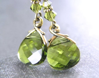 Olive Green Earrings Antique Gold Earrings Green Swarovski Crystal Earrings Dainty Jewelry Moss Green Dangle Earrings Green Drop Earrings