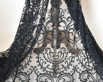 Black embroidery Soft gauze mesh beading lace fabrics wedding gown fabric,bridal dress tulle lace 1 yard LLHB29B