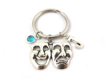 Drama Keychain- choose a birthstone and initial, Drama Keyring, Drama Gift, Drama Masks, Comedy Tragedy Gift, Theater Keychain, Drama Charms