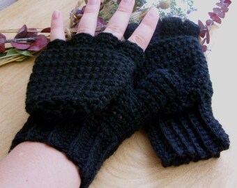 Warm Wool Crocheted Midnight Convertible Fingerless Mittens/Gloves - Black