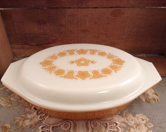 Vintage Pyrex Golden Butterfly Divided Casserole Dish with Lid