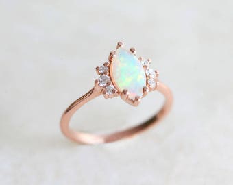 Opal Engagement Ring, Marquise Engagement Ring, Fire Opal Ring, Opal Diamond Ring, Fire Opal Diamond Ring, Opal Prong Ring, MinimalVS, Ring