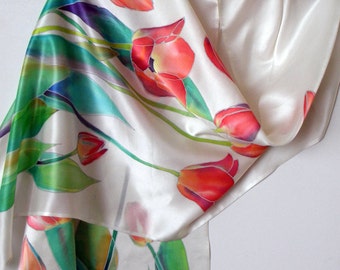 Tulips scarf Hand painted silk scarf Handpainted White Painted silk Gifts for mom Floral shawl batik Summer Women scarves gift for her
