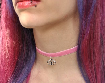 Lotus choker,baby pink lotus choker necklace,velvet lotus choker,lotus flower choker,yoga choker,lotus charm choker,meditation choker
