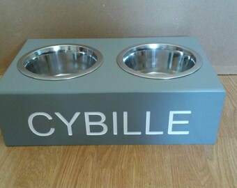 wooden dog/cat PERSONALISED FEEDING STATIONS elevated stand raised double stainless steel bowls included 16cm or 21cm bowls