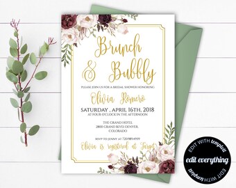 Bridal Brunch and Bubbly Bridal Shower Invitation Floral Bridal Shower Invite Bridal Shower Invitation Instant Download Wedding Brunch