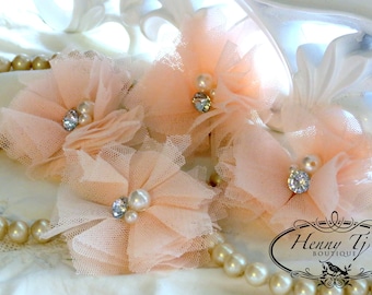 Elena TULLE : 4 pieces baby Peach Small Tulle Mesh Flowers With rhinestone Pearl Center Poof Flowers Hair accessories