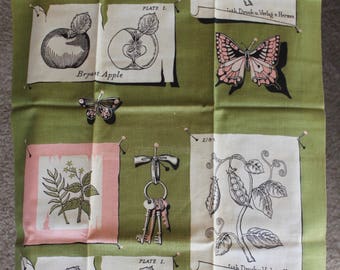 1950s Vintage Martex Dry-Me-Dry Tea Towel, MWT, Nature Theme, Olive Green, Pink, Black, White, Butterflies and Botanicals