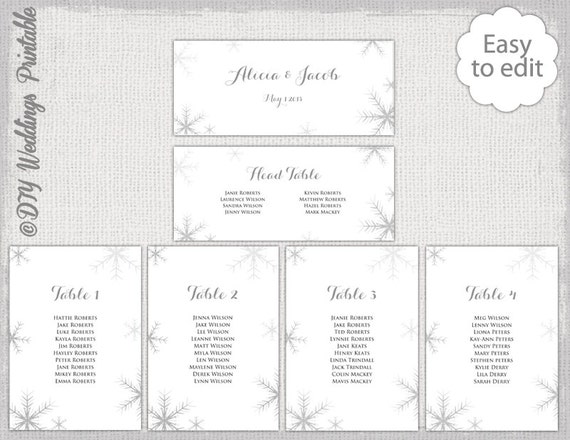 chart seating printable wedding gray chart Snowflake Seating template Silver