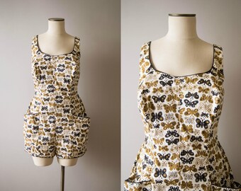 vintage 1950s playsuit / 50s novelty print swimsuit / large