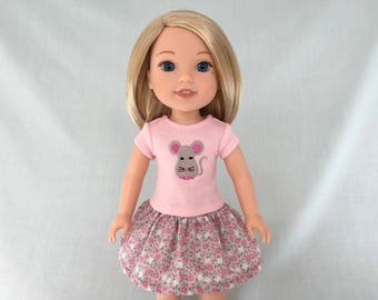 Pink Mouse T-Shirt and Pink and Gray Print Skirt for Wellie Wisher/14.5 Inch Doll