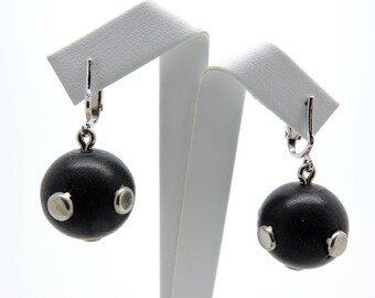 SPACE AGE Earrings SPUTNIK Ebony Wood Silver Studs Atomic Clip on Earrings