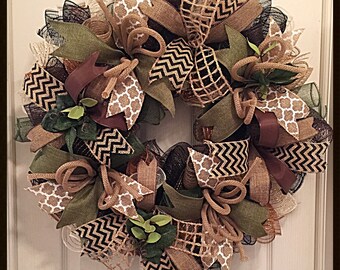 Moss , Brown and Burlap Everyday Deco Mesh Wreath/Fall Wreath/Cabin Wreath/Burlap Wreath