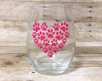 Paw Print Heart Stemless Wine Glass - Dog themed