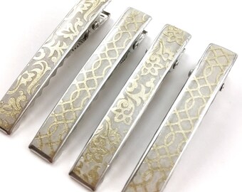 Soft Gold Alligator Hair Clip Set - Soft Gold Hair Clips - Paisley Hair Clips - Optional No-Slip Grip - choose size - by ajoyfulmorning