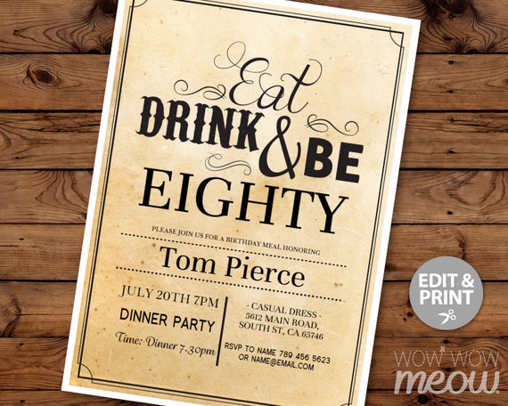 80th Invitations Eat Drink and Be EIGHTY 80 Birthday Invite