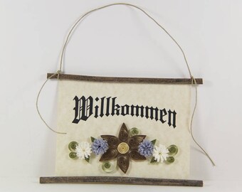 Willkommen, German Welcome, Paper Quilled German Welcome Sign, 3D Quilled Banner, Paper Flower Decor, Brown Blue White Decor, Germany Gift