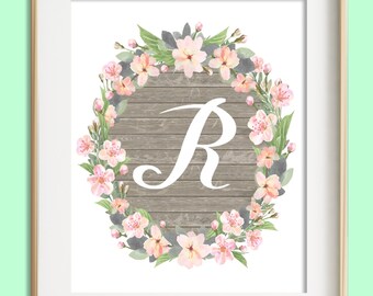 Letter R Printable, Instant Download, Baby Girl Nursery Wall Art, Girl Nursery Decor, Floral Monogram, Pink Mint Gray Letter Art, Baby Gift