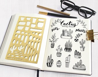 Bullet Journal Stencil, Planner Stencils, Cactus Drawing Stencils - fits A5 & Midori Regular (Cactus L)