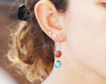 CORAL and TURQUOISE EARRINGS Sterling Leverback NewWorldGems