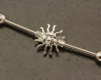 Silver sun Industrial Bar. Boho Industrial Piercing. Sun Industrial Barbell. Cartilage Piercing. Helix Ear Piercing. Scaffold Bar Earring.