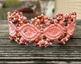 SALE Micro-Macrame Beaded Cuff Bracelet - Light Pink Mix
