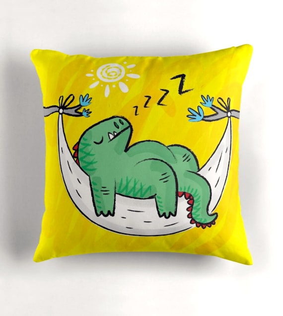 Dinosnore - Childrens - Yellow Throw Pillow / Cushion Cover (16" x 16") by Oliver Lake / iOTA iLLUSTRATION