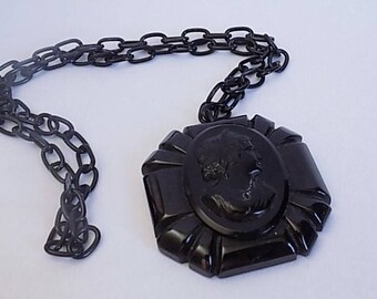 Black Cameo Victorian Revival Necklace, Celluloid Mourning Necklace