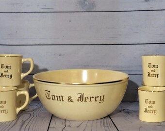 Homer Laughlin Tom and Jerry Set, Rare 7 Piece Tom and Jerry Punch Bowl & Six Glasses, Produced 1952, American Made