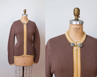 1960s Wool Cardigan / 60s Brown Garland Sweater