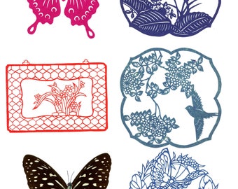 Five Laser-cut Paper Designs and one pressed butterfly wings with paper body