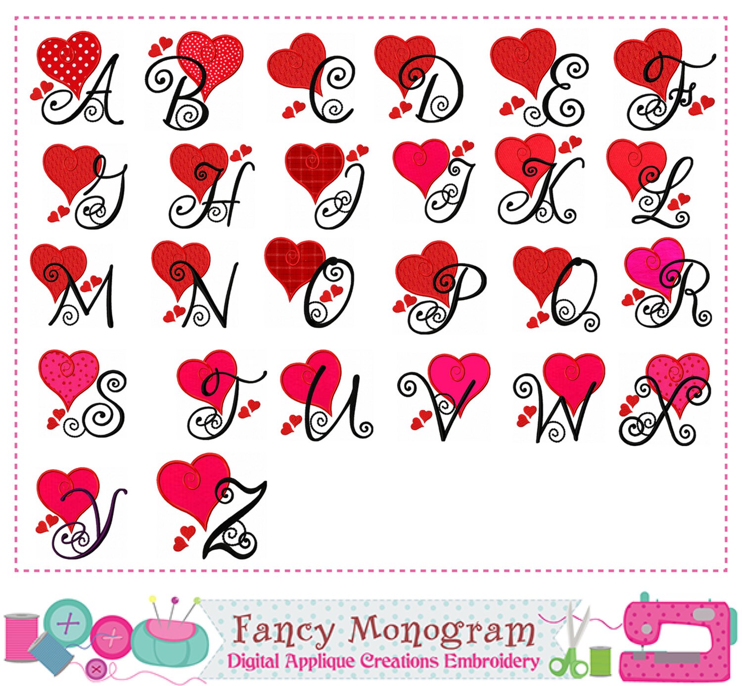 Valentine's Day Letters applique,Monogram applique,Valentine's Heart