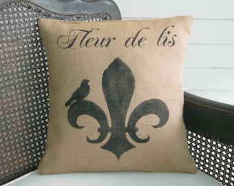 Fleur de lis with Bird - Burlap Pillow - Fleur de Lis Pillow - French County Decorative Pillow