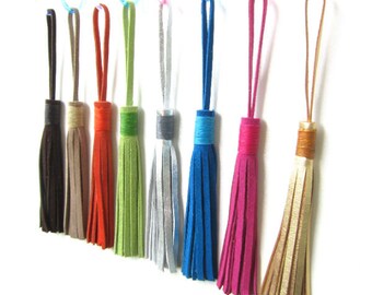 SALE LEATHER Tassel Bag Charm 4" Leather Tassel Purse Charm with leather loop Leather Key Holder Upcycled Keychain Assorted Colors