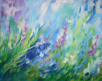Abstract Landscape Painting, Blue Wall Art Canvas, Original Acrylic Flower Painting, Modern Art, Impressionist Painting, Contemporary Art