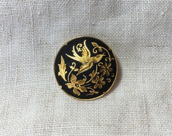 Vintage Damascene Bird Brooch, Black and Gold, MK243