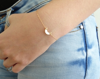 Mini Moon bracelet, Tiny sideways crescent moon charm, Moon jewelry in Sterling Silver, 14kt Gold Filled