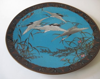 Vintage Cloisonne Plate With Cranes