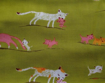Heather Ross Tiger Lily Marching Cats on Green OOP Fabric Half Yard