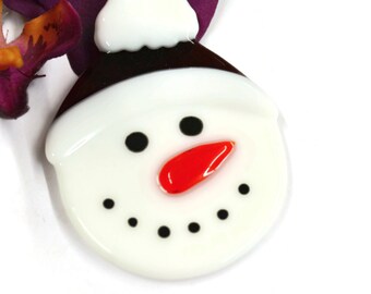 Snowman Christmas Ornament, Fused Glass, Tree Decor, Red Hat, Holiday Decor, Place Card