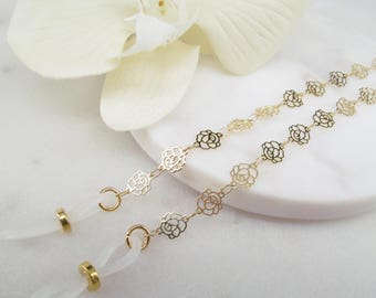 Pretty gold eyeglass chain with roses; glasses necklace; brillenkette; cadena gafas; glasses leash; reading glasses holder; Kalxdesigns