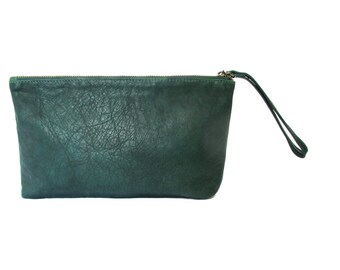 Bottle green leather clutch - leather wristlet clutch - evening clutch SALE leather clutch purse- zipper clutch- handmade leather clutch bag