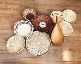 9 Hanging Woven Wall Baskets / Vintage Rattan Wicker Baskets / Shells / Jungalow Decor / Bohemian Decor / Boho Wall Art / Tribal Eclectic