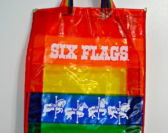 1980s Six Flags Rainbow Tote Bag / Carousel Horse Bag / Purse / Beach Bag / Rainbow Strap / Beach Bag / 80s Vintage / Advertising Bag
