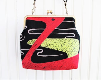 Red Orange Chartreuse & Gray on Black Ground Abstract Duck Vintage Barkcloth Fabric 8" Antique Brass Kisslock Frame Crossbody Shoulder Bag