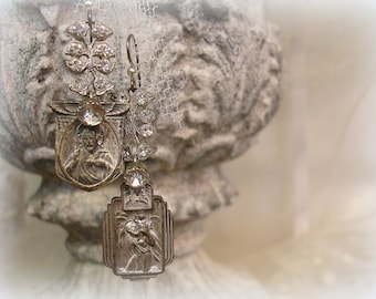 aMazing gRace one of a kind vintage assemblage earrings aged silver with rhinestones vintage holy medals + deco rhinestone links