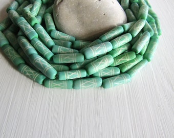 Green tube bone beads, with carved designs, mint green , natural Irregular look, boho exotic beads 19 to 24mm long (10 beads) 7BB4-2