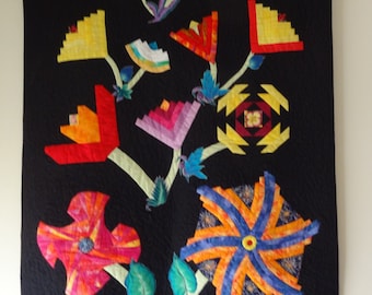 Hand Made Patchwork Art Quilt Black Background, Log Cabin Flowers in a Pond, Appliqued and Machine quilted Wall Hanging- 43" X 33"