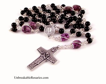 Pope Francis Rosary Beads Black Onyx and Purple Zebra Jasper with Good Shepherd Cross by Unbreakable Rosaries